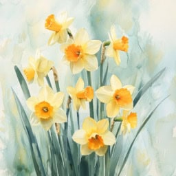 Daffodil watercolor artwork showcasing bright yellow flowers in a stunning botanical painting.