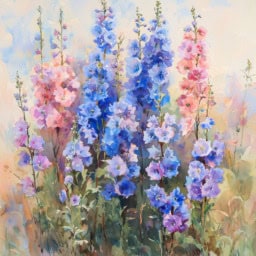 Larkspur Blossom in Watercolor Art Beautiful larkspur watercolor painting, showcasing vibrant blue flowers and delicate details.
