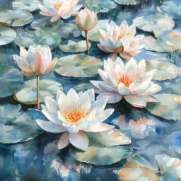 Serene Waterlily Watercolor Artwork Watercolor painting of a waterlily amidst serene aquatic foliage.