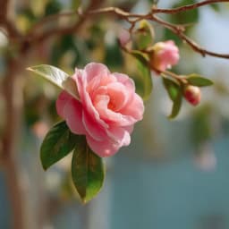 Pink camellia flower in full bloom, showcasing vibrant color and delicate petals.