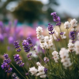 Lavender and white flowers in full bloom, creating a serene garden display.