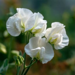 Delicate white sweet pea flowers blooming elegantly in a garden setting.