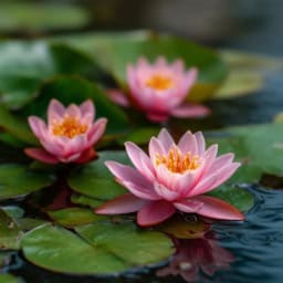Delicate pink waterlily blossoms floating on serene water.