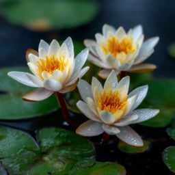 Beautiful white waterlily bloom floating gracefully on tranquil water.