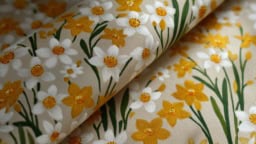 Daffodil embroidered fabric design ideas for creative sewing and crafting projects.