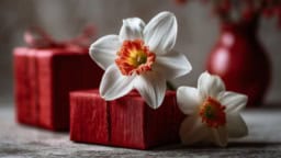 Beautifully wrapped Christmas gifts featuring narcissus flowers