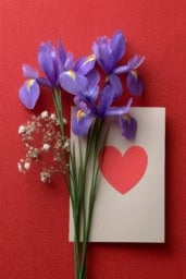 Iris themed Valentine's Day card featuring fresh flowers