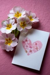 Primrose themed Valentine's Day card featuring heart motif