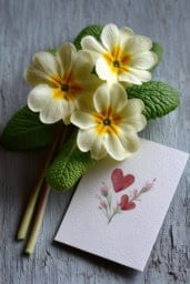 Primrose Valentine's Day card featuring hearts and floral designs