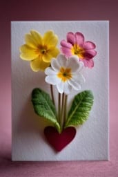 Primrose Valentine's Day card featuring heart decorations