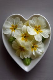 Fresh primrose flowers in heart themed decorations for Valentine's Day