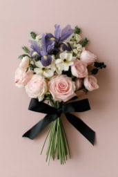 Rose Iris Primrose Arrangement with Black Ribbon for Valentine's Day Beautiful rose and iris primrose floral arrangement with black ribbon