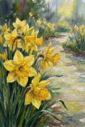 Daffodil Oil Painting in a Beautiful Garden Setting Oil painting of daffodils in a serene garden