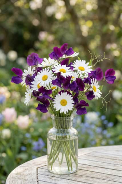 A beautiful blend of daisies and sweet pea flowers in a spring garden bouquet