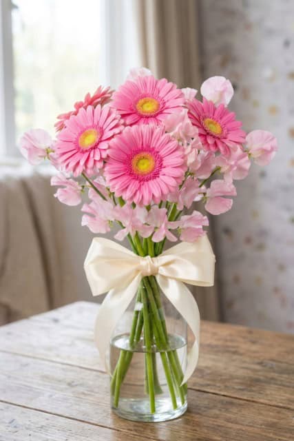Pink gerbera daisy birthday arrangement with fresh flowers