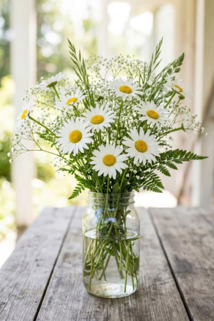 A beautiful jar filled with fresh daisies for April birthdays