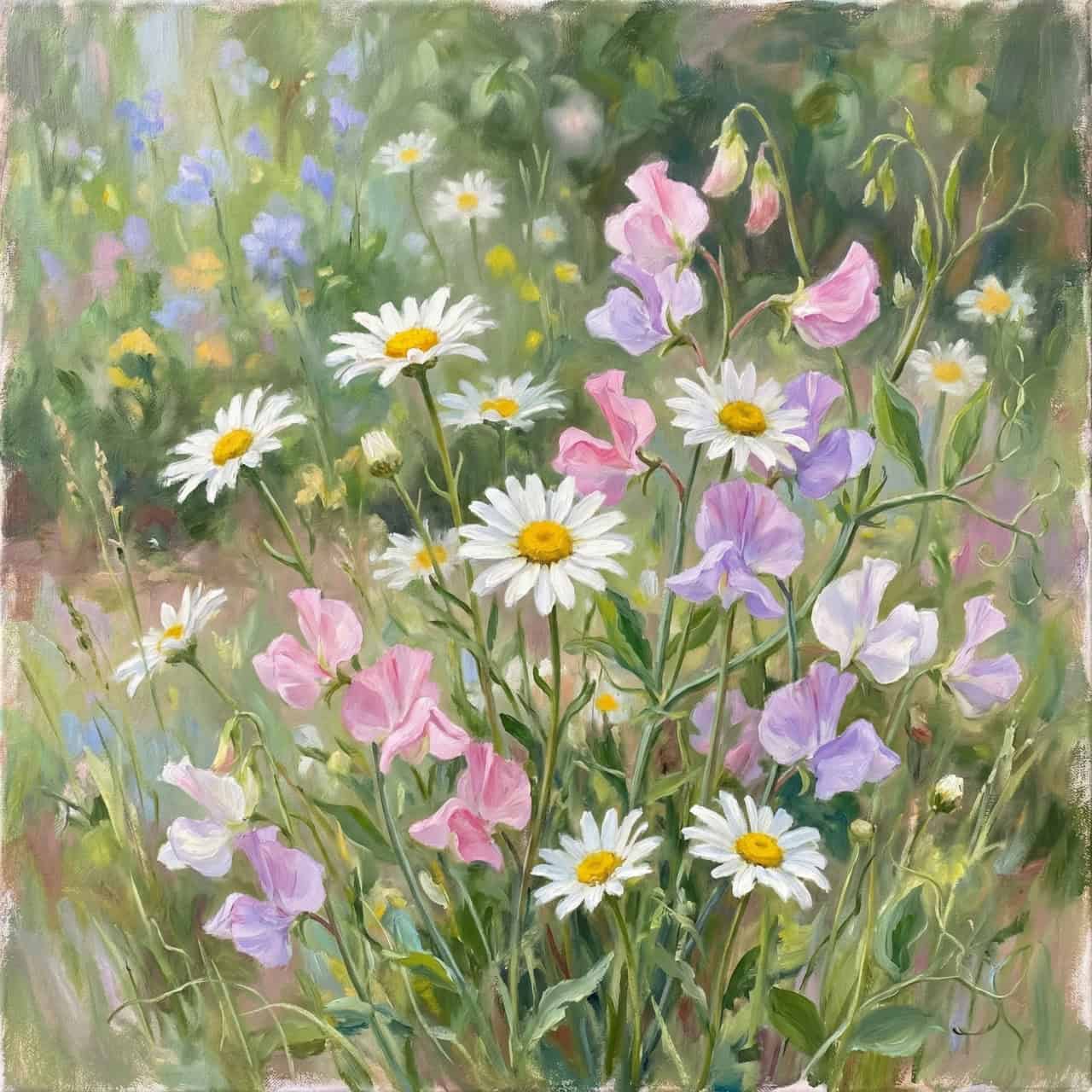 Beautiful painting of daisies and sweet peas in a garden setting