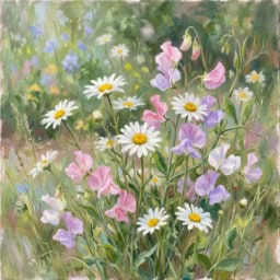 Beautiful painting of daisies and sweet peas in a garden setting