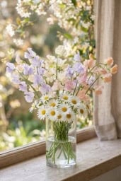 Daisy and sweet pea flowers in a decorative vase