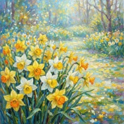 Beautiful Jonquil Oil Painting in a Garden Setting Oil painting of jonquils in a serene garden