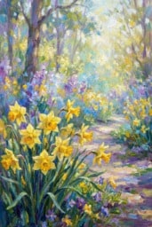 Jonquil Oil Painting Pathway Oil painting of a pathway lined with blooming jonquils