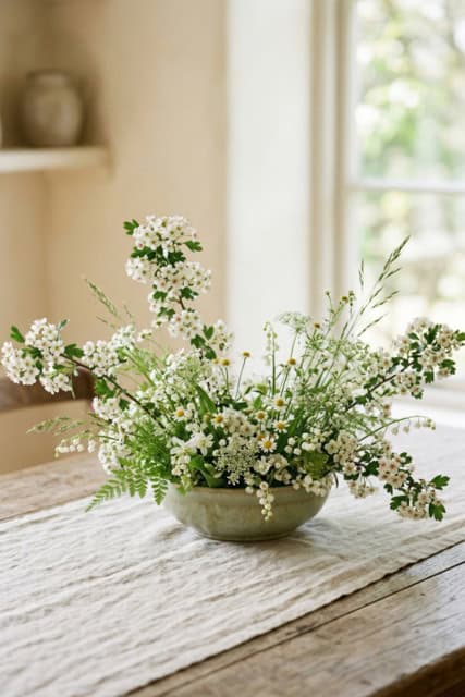 Hawthorn may day meadow centerpiece featuring birth flower
