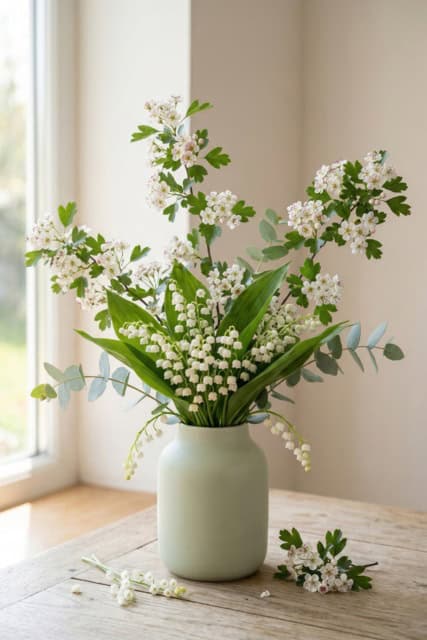 Mixed vase bouquet featuring Lily of the Valley and Hawthorn flowers