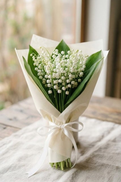 Hand tied rustic flower arrangement featuring Lily Of The Valley