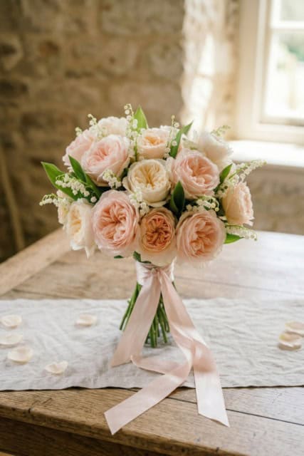 Lily of the Valley and May Garden Rose bouquet arrangement