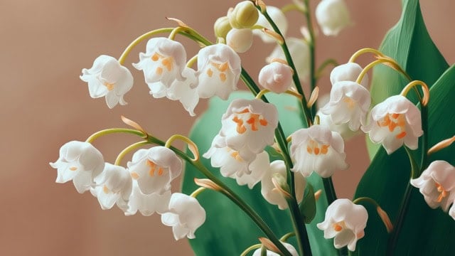 Delicate pink blooms of lily of the valley flowers
