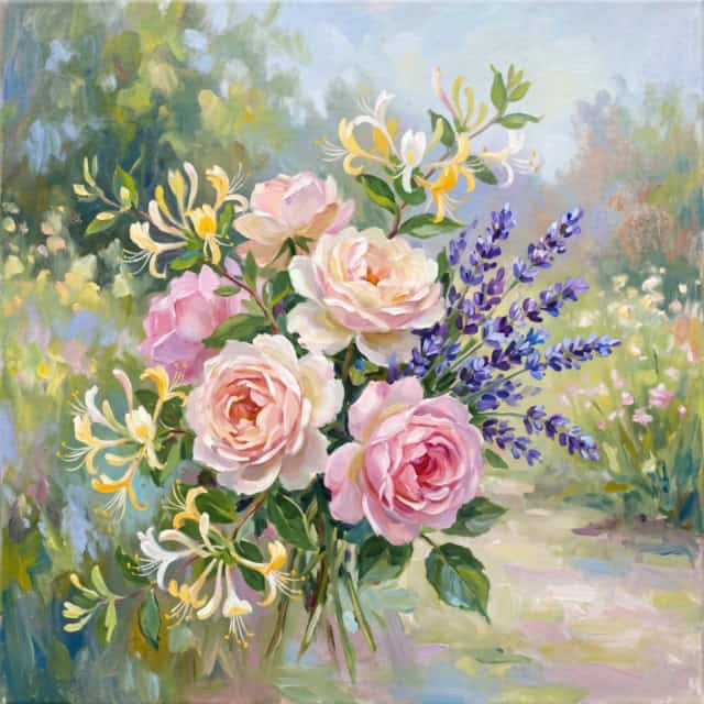 Oil painting of lavender, honeysuckle, and roses in a garden
