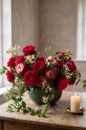 A beautiful bouquet of red roses next to a candle for a birthday celebration