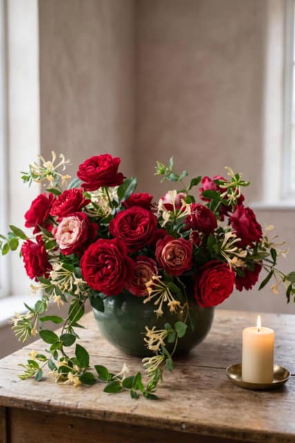 A beautiful bouquet of red roses next to a candle for a birthday celebration