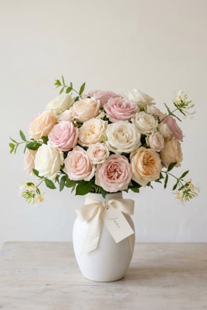 Simple bouquet of pink and white rose flowers in a vase