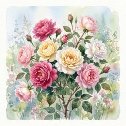 Rose Watercolor Painting of June Flowers Watercolor painting depicting beautiful June flowers with roses