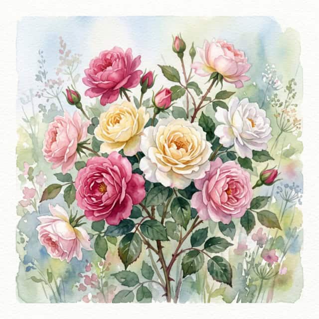 Watercolor painting depicting beautiful June flowers with roses