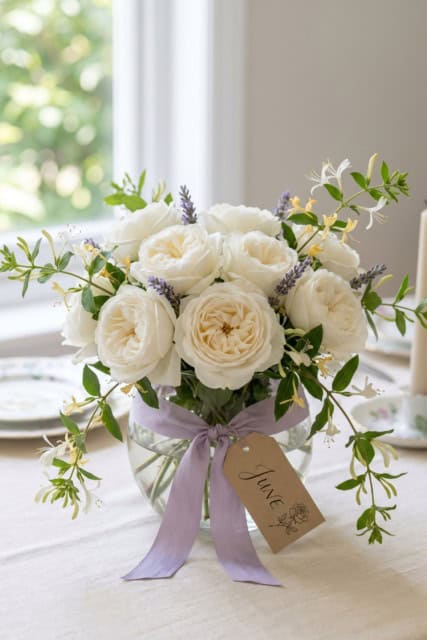A rustic arrangement of white lavender flowers tied with a simple ribbon